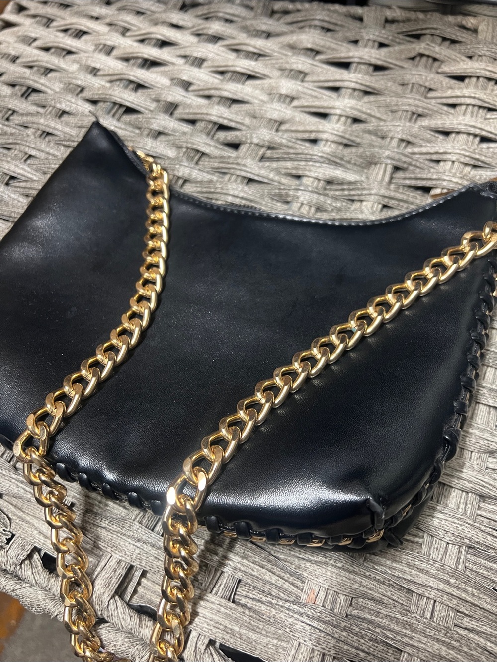 Black Leather Shoulder Bag with Gold Chain Strap